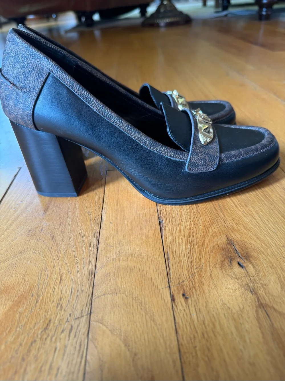 Michael Kors Brown and Black Logo Plaque Loafers